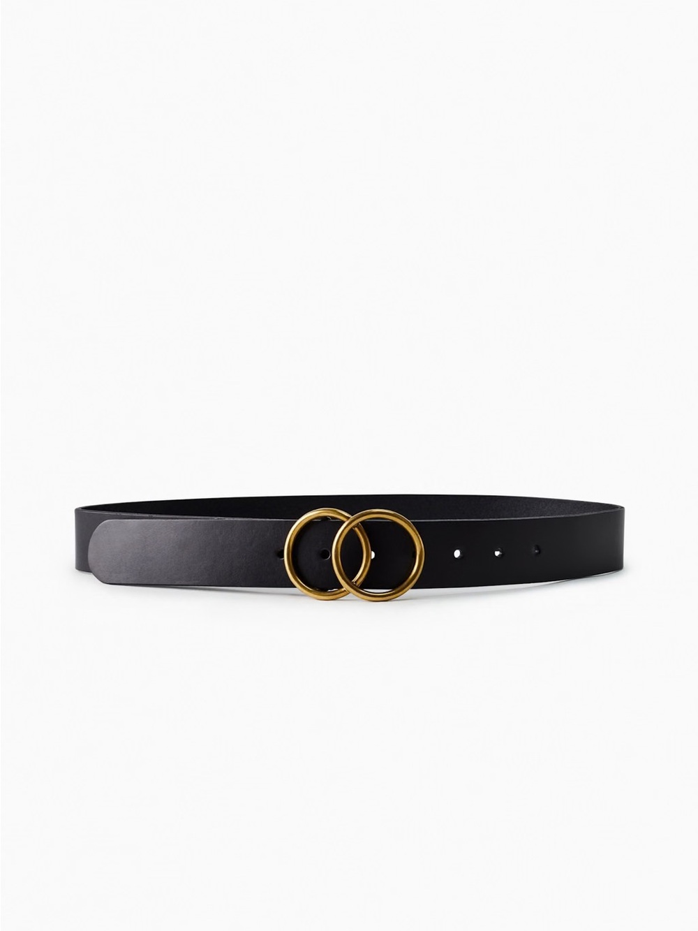 Aritzia Black Leather Belt with Interlocking Gold Rings